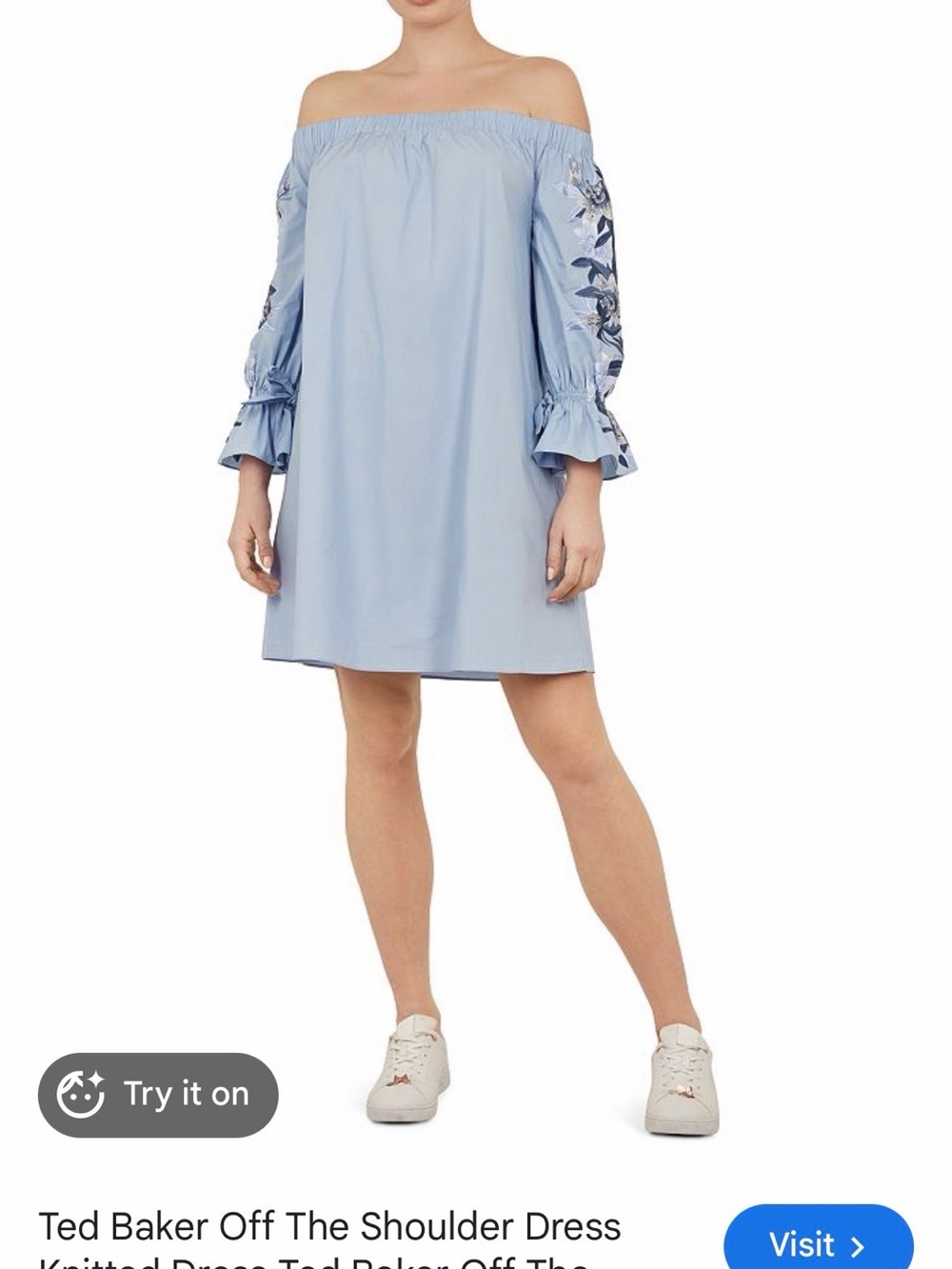 Ted Baker Blue Off-Shoulder Embroidered Sleeve Mini Dress XL